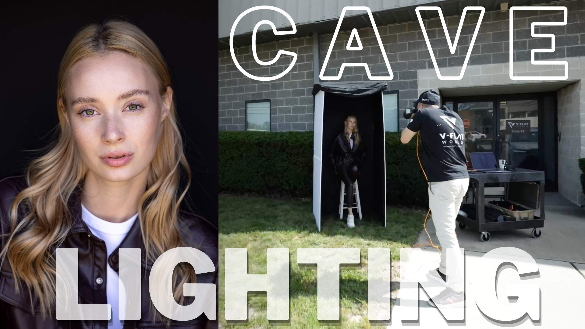 Model posing between V-Flats to create cave lighting.