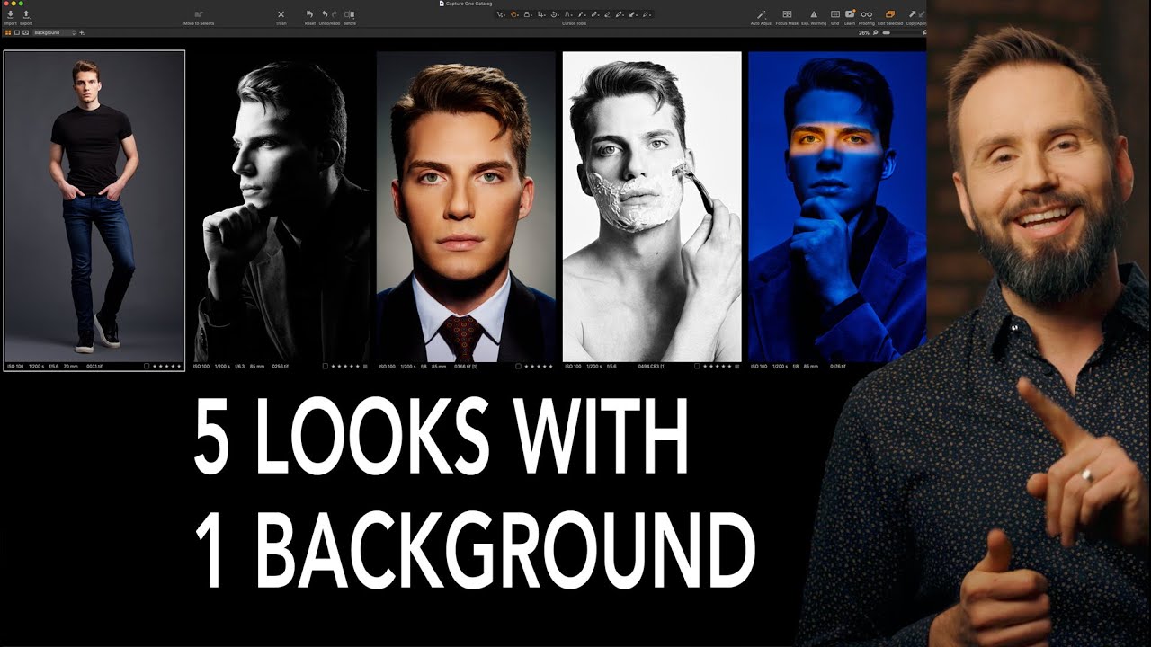 Five different portrait looks with one gray background.