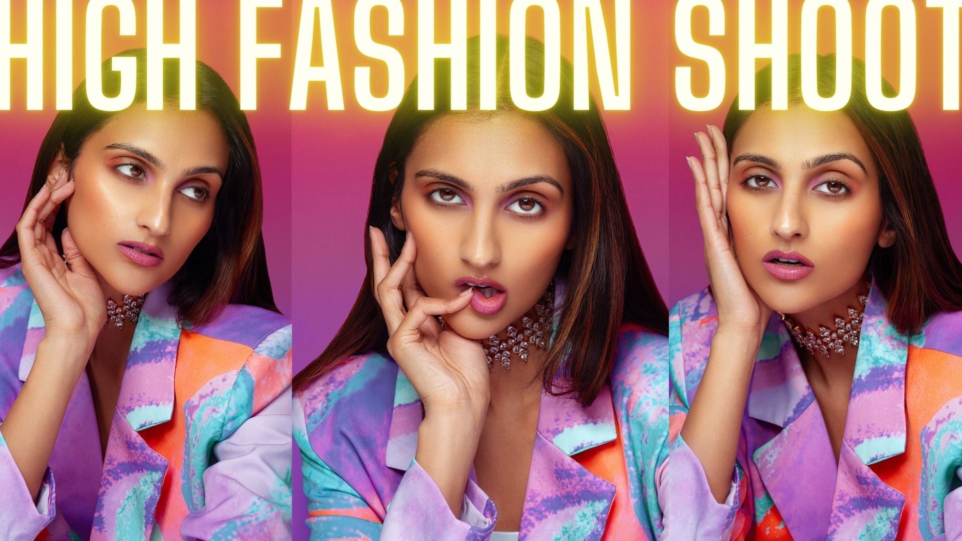 Model poses for three looks in high fashion photography shoot.