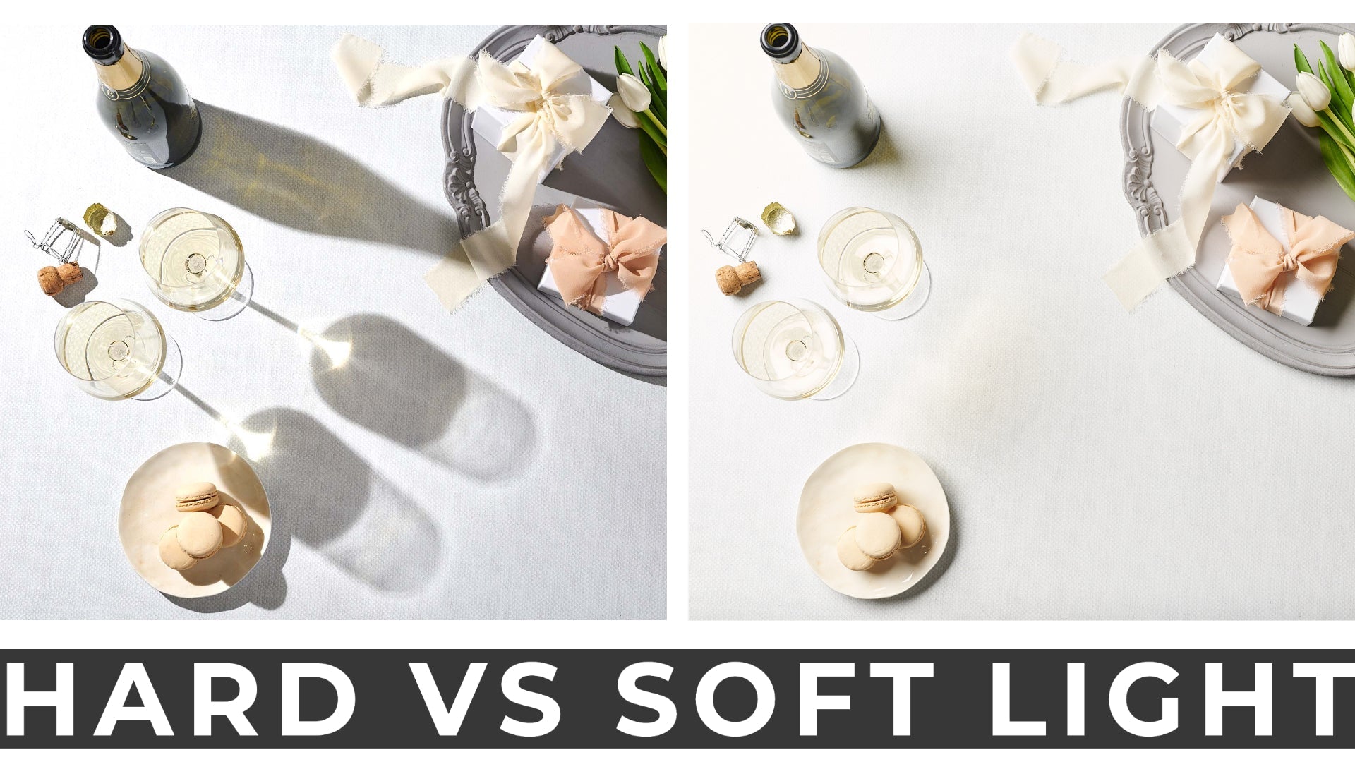 Comparison of hard light vs soft light in photography.
