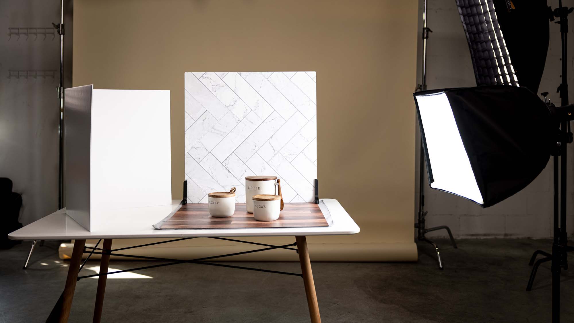 Food photography setup with V-Flats and Duo Boards.