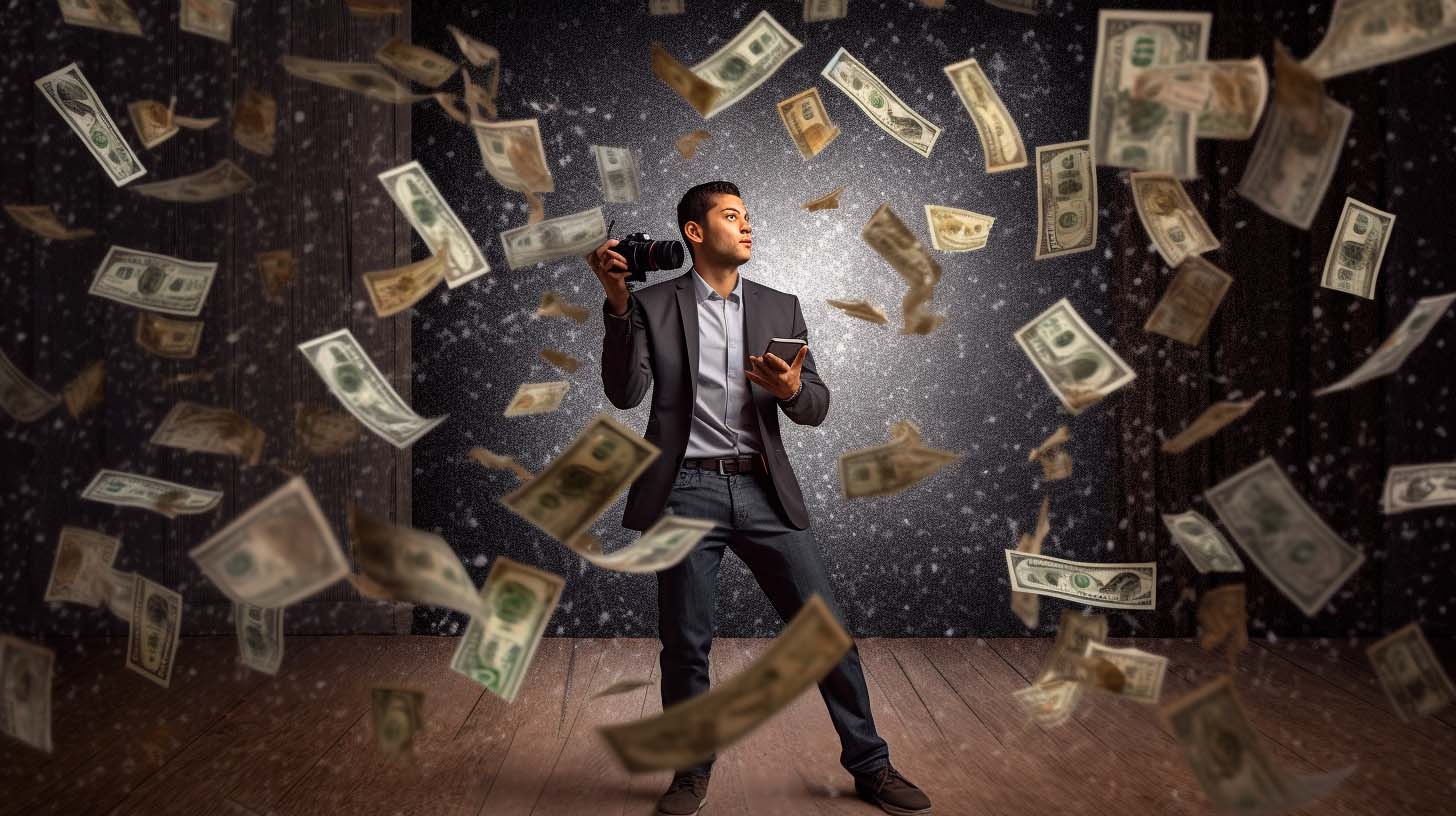 Photographer holding camera and phone with dozens of dollar bills floating around him.