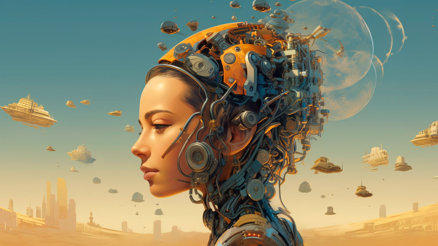 AI photography of woman with gears and wires on her head.