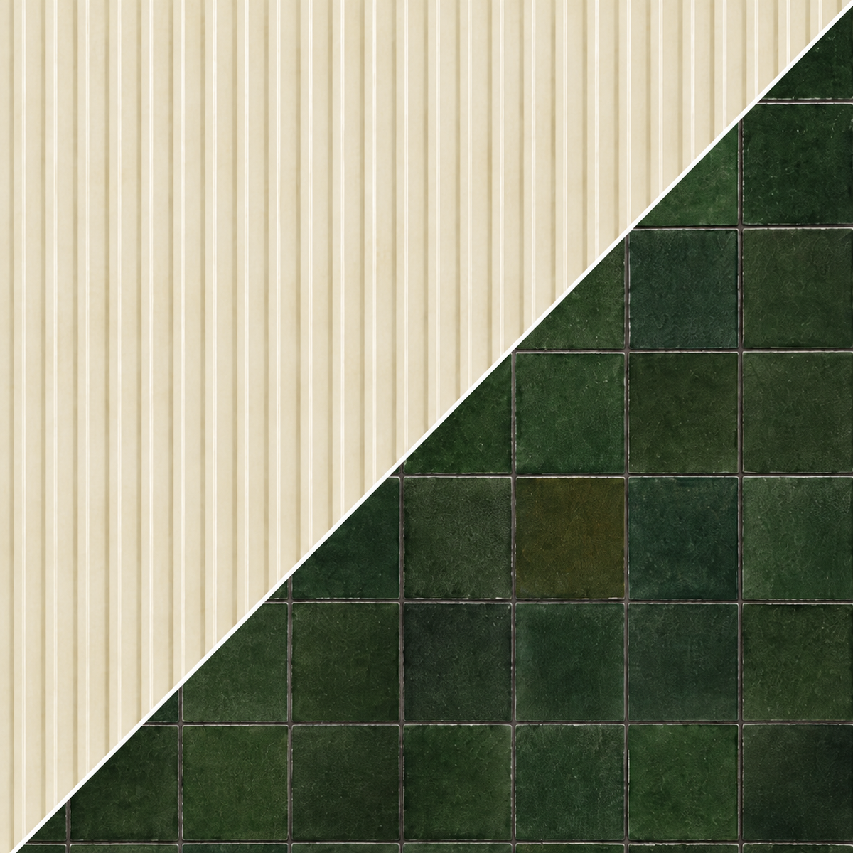 Fluted Ivory Ceramic / Deep Forest Green Tile