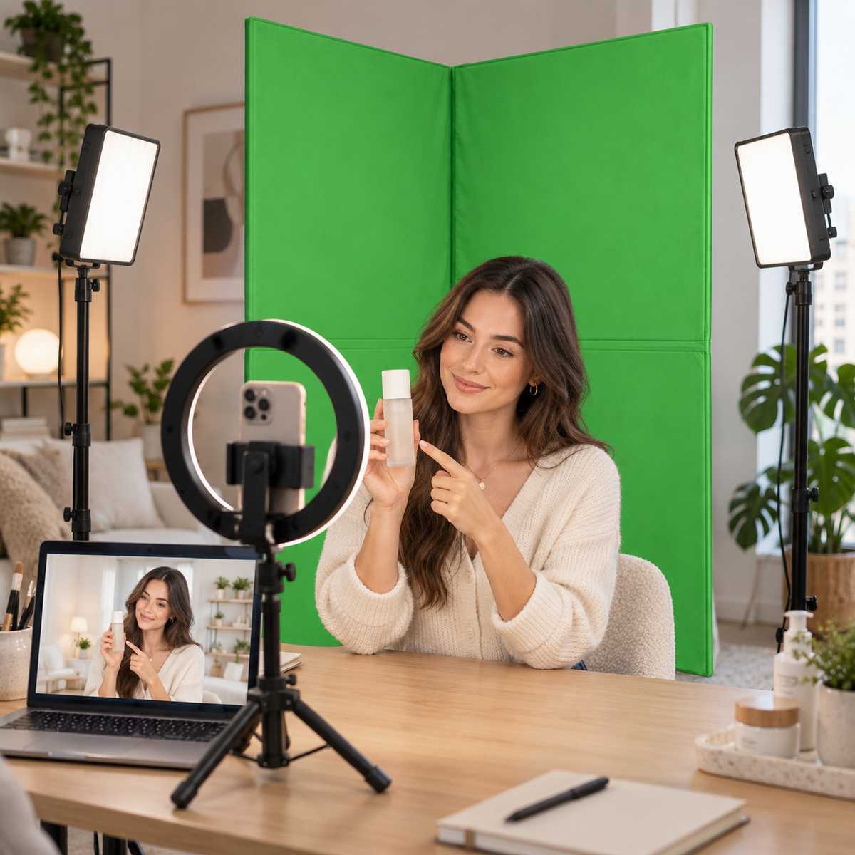 Content creator filming a product video with a V-Flat Green Screen Skin