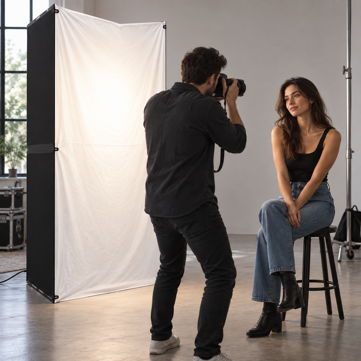 Photographer using a V-Flat diffusion skin to create soft portrait lighting
