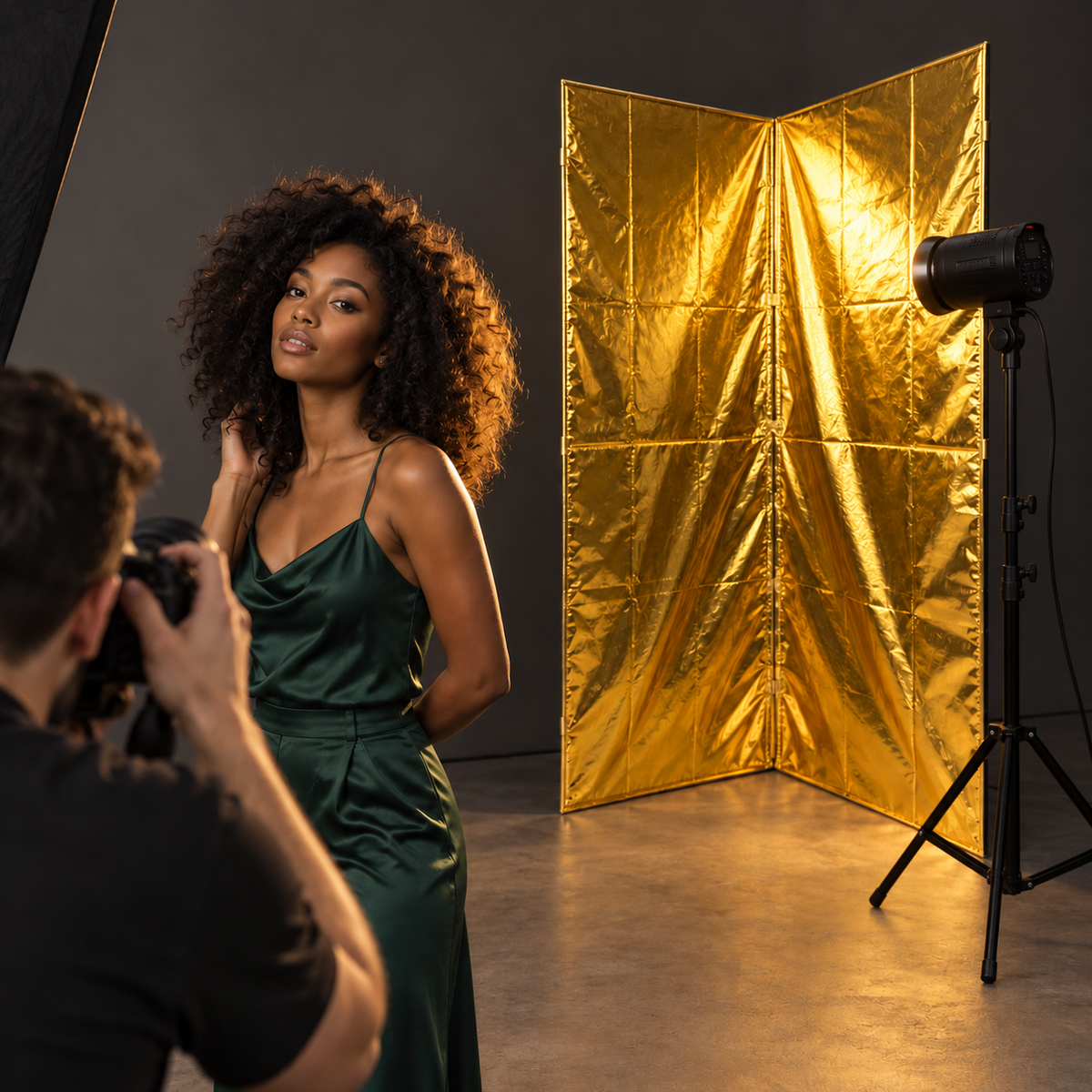 Photographer using a V-Flat gold skin to add warm light to a portrait