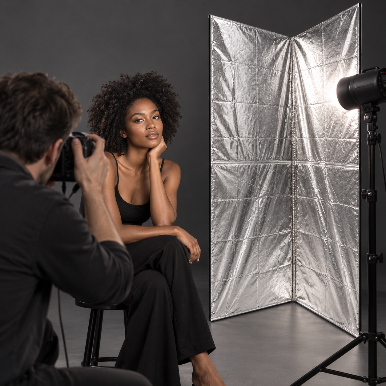 Photographer using a V-Flat silver skin to reflect light for a portrait
