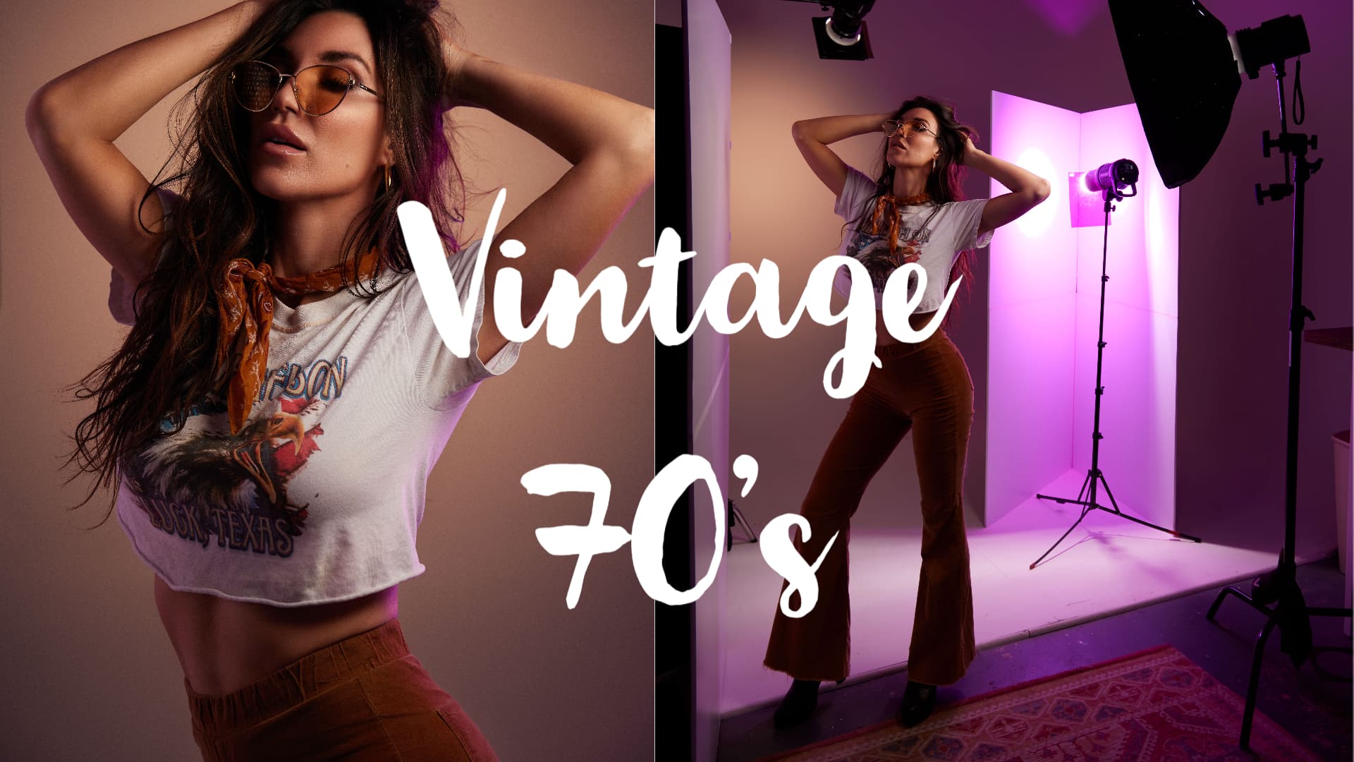 Vintage 70s-themed portrait photography setup with purple and brown lights.