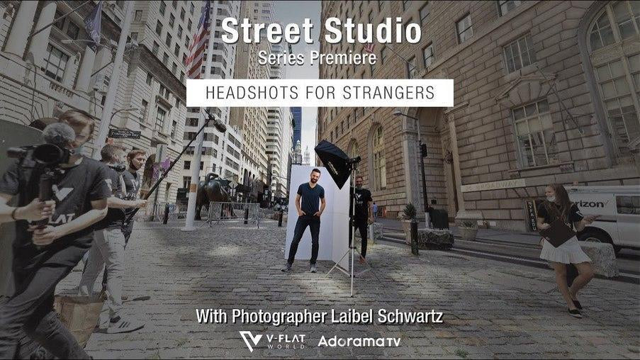 Street Studio video cover photo of man posing in front of V-Flat backdrop on NYC street.