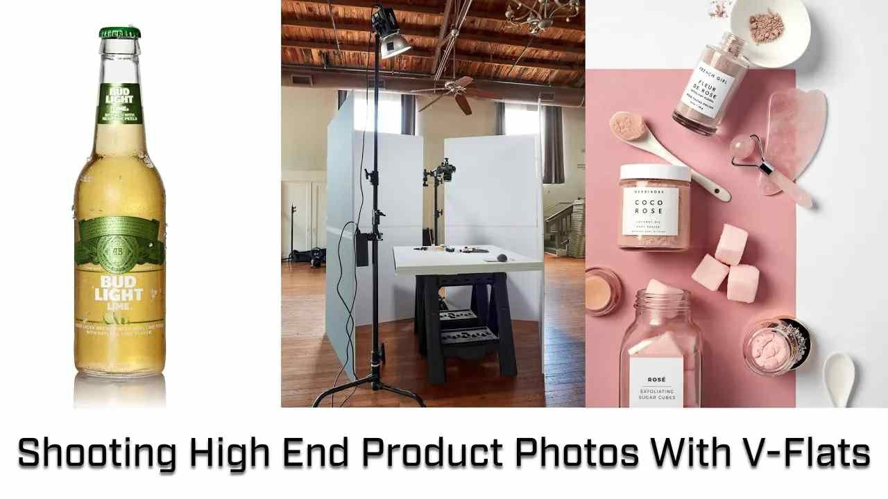 Three high-end product photography setups using V-Flats.