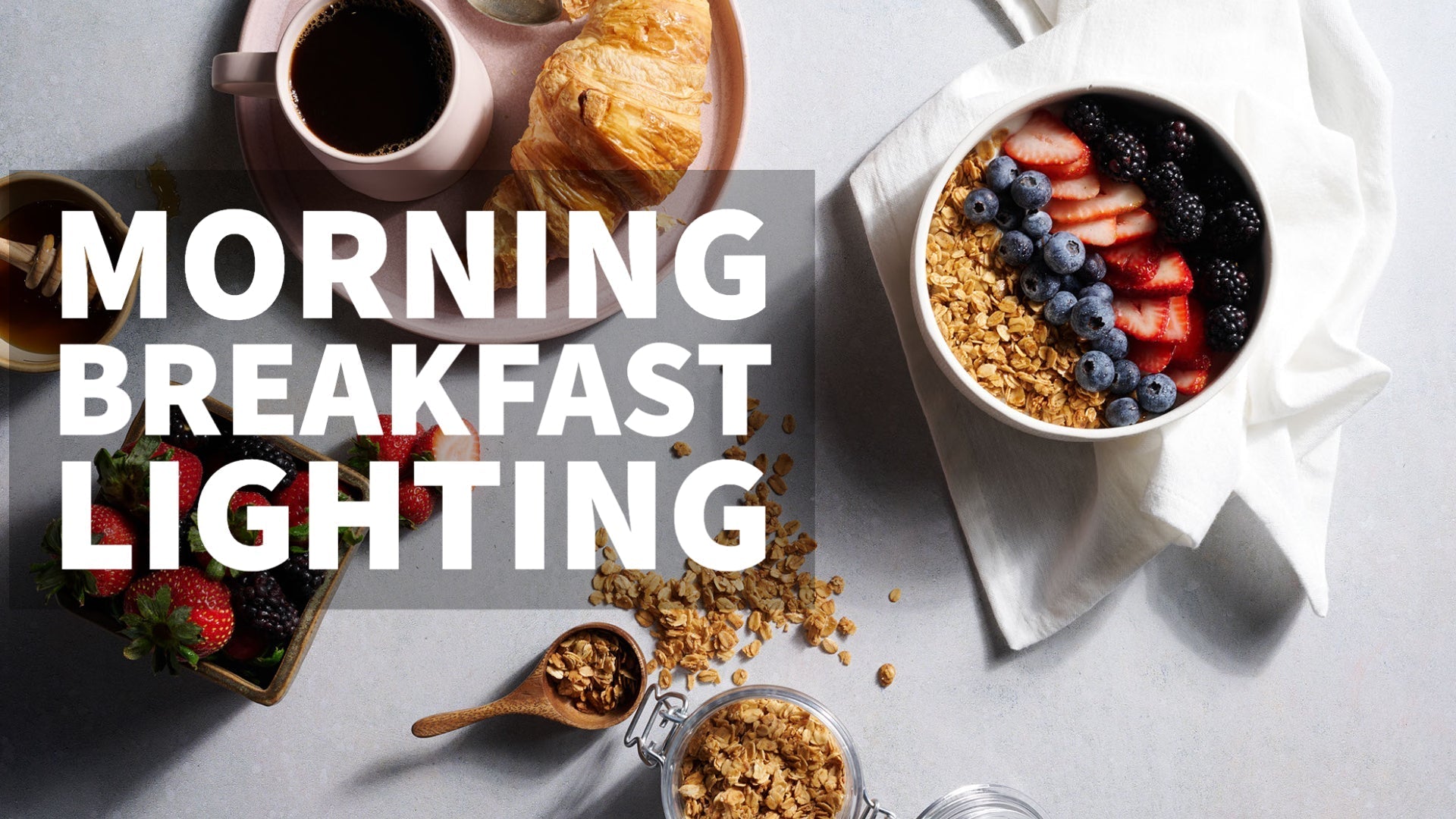 Morning breakfast scene food photography setup with natural-looking lighting.