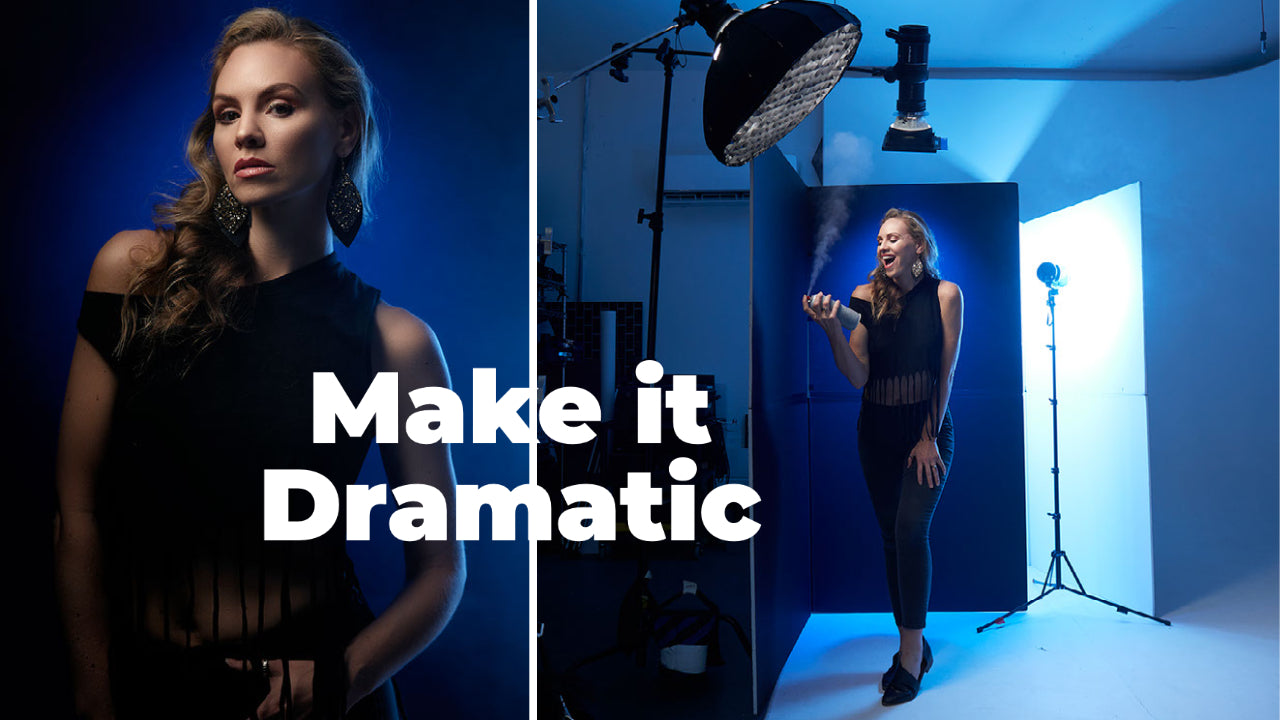 Dramatic portrait lighting setup with blue theme.
