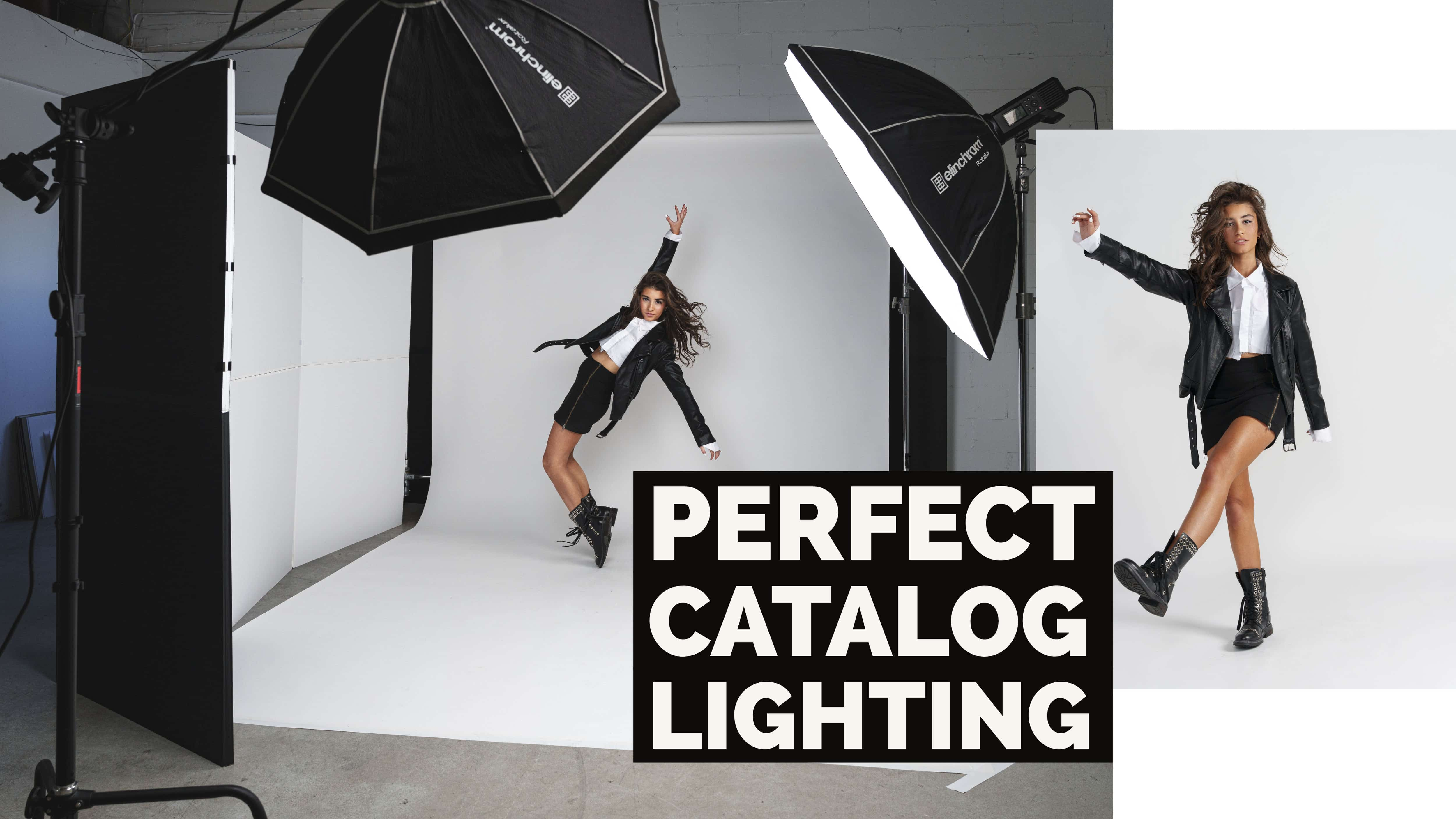 Studio photoshoot showing model posing with two-light setup for catalog images.