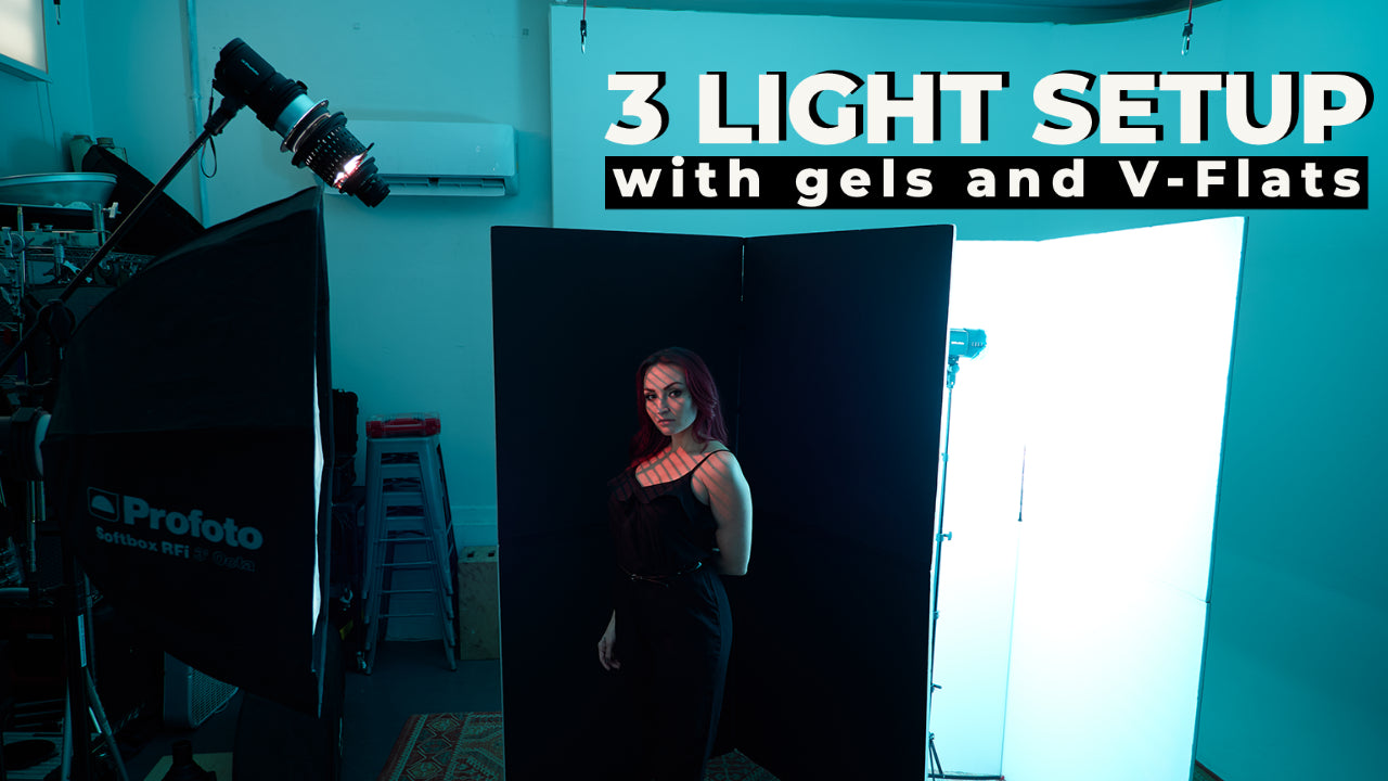 3-light photography lighting setup with gels and V-Flats