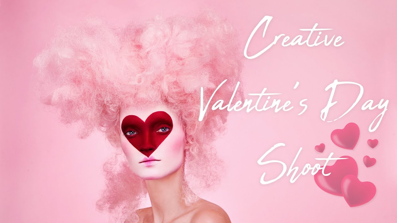 Two Valentine's Day-themed portraits of model with heart painted on face and pink lighting.