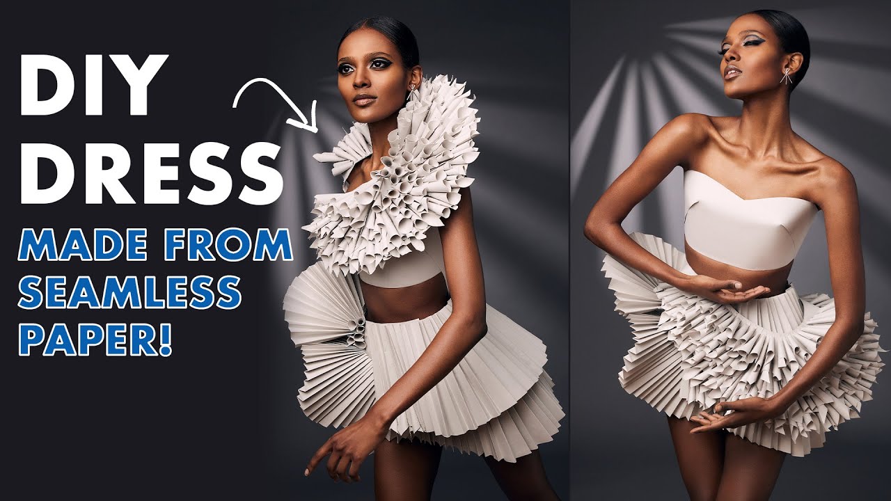 Model wearing paper dress video cover page.