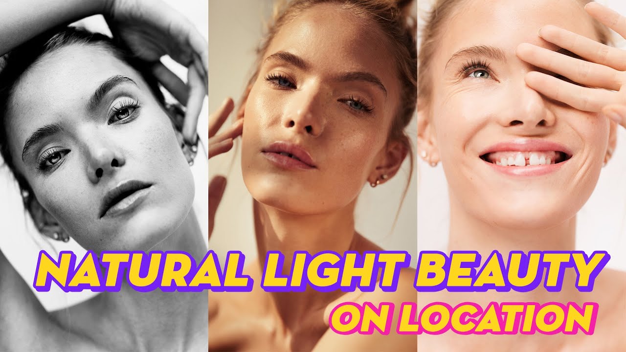 Three images of model using natural light beauty setup.