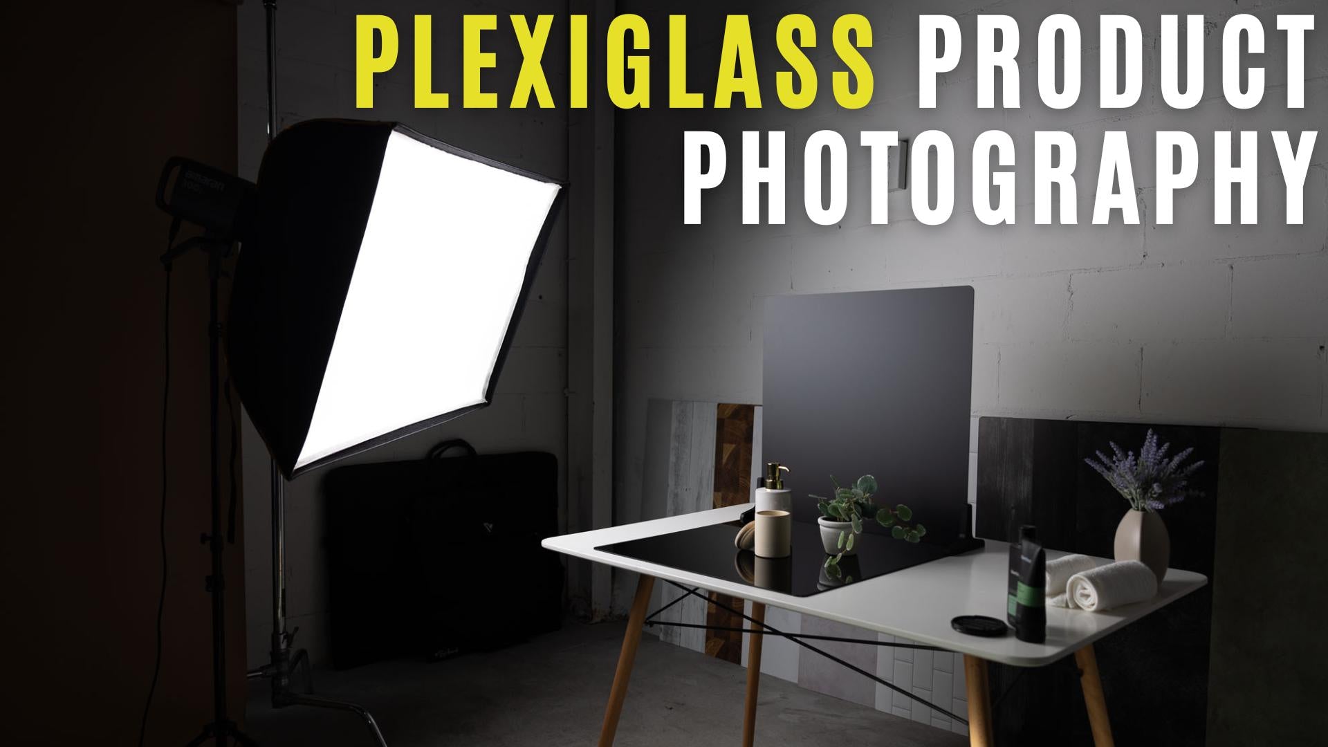 Product photography setup in studio with plexiglass Duo Board and softbox.