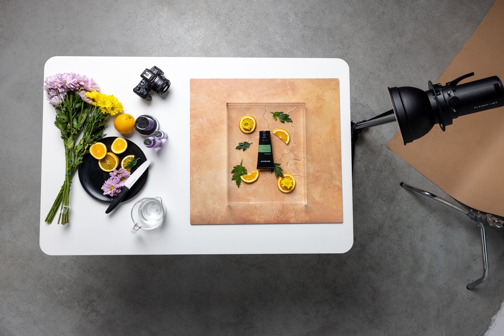 Product photography setup using the V-Flat World Aqua Tray.