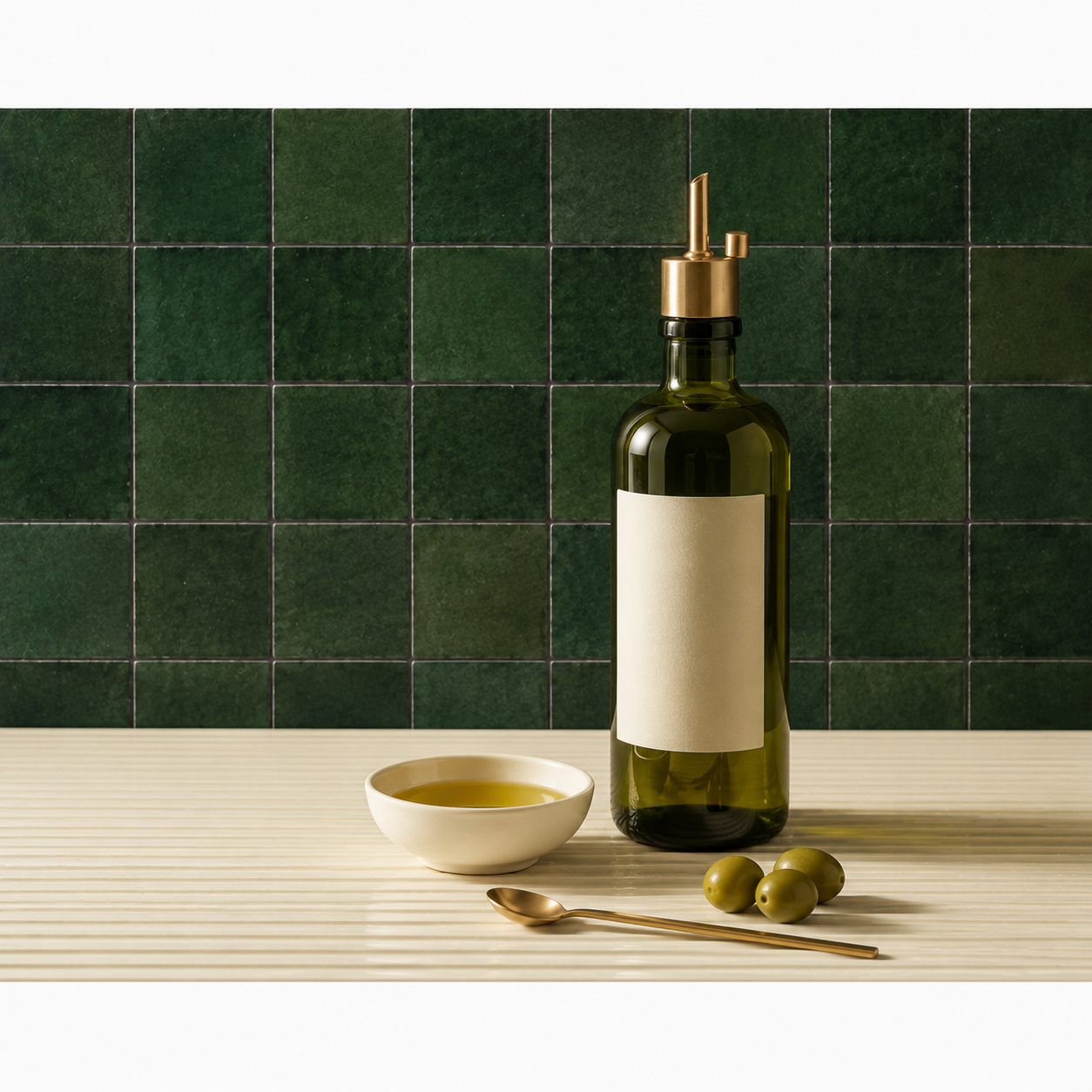 Fluted Ivory Ceramic / Deep Forest Green Tile