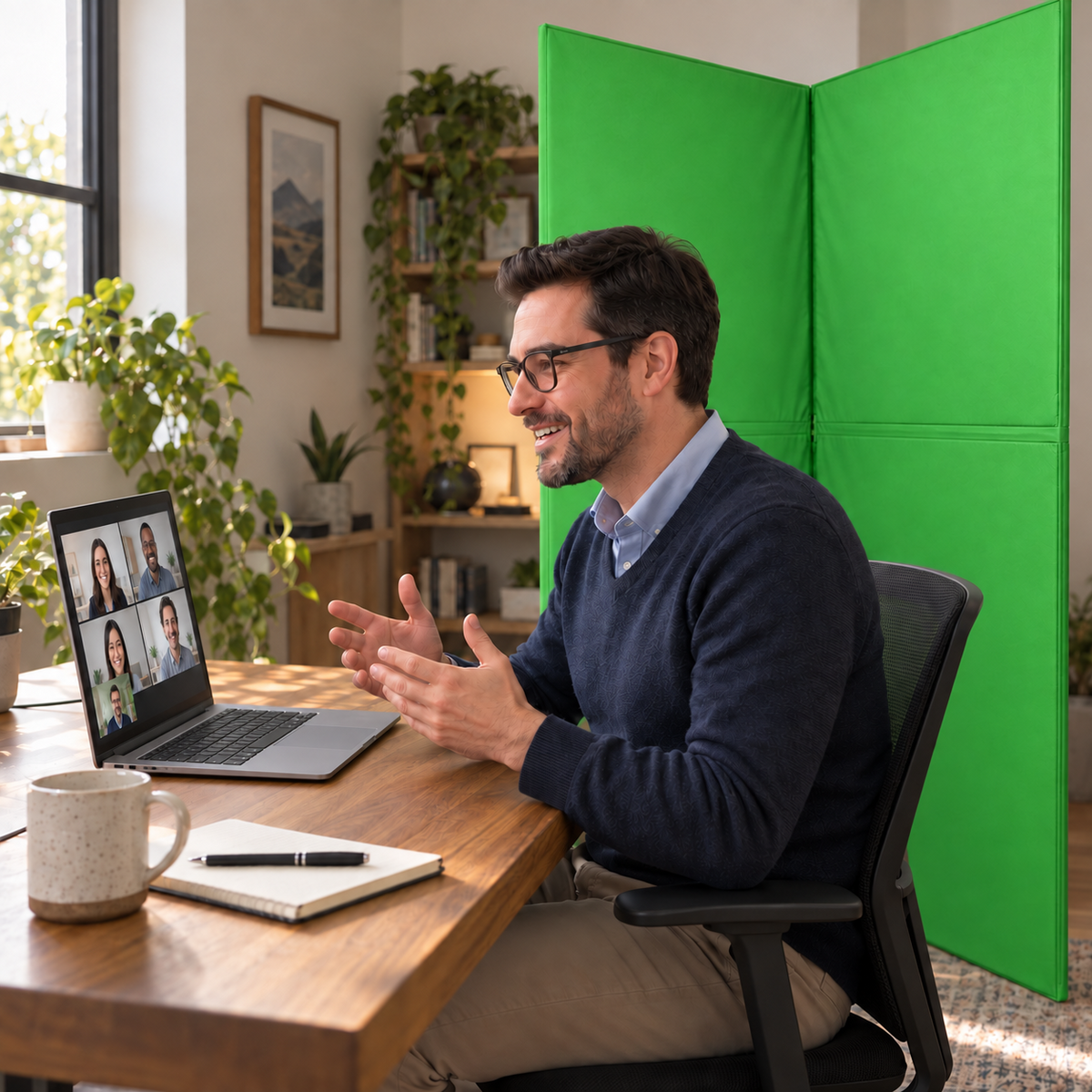Business professional using a V-Flat Green Screen Skin for an online meeting
