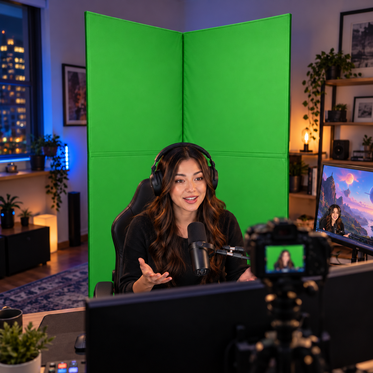 Podcaster and content creator recording in front of a V-Flat Green Screen Skin