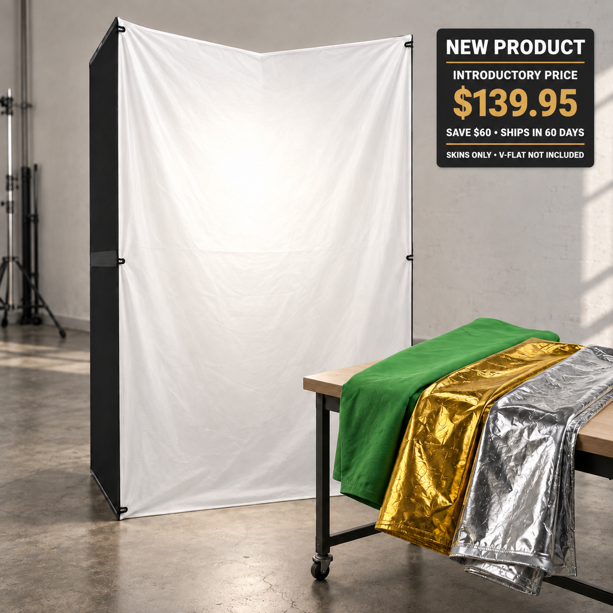 New V-Flat Skins 4-Pack presale with diffusion, silver, gold and green screen skins; V-Flat not included